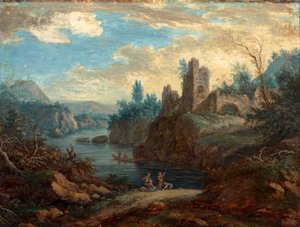 Paisagem com ruínas e pescadores (bc no papel) de Paul Sandby
